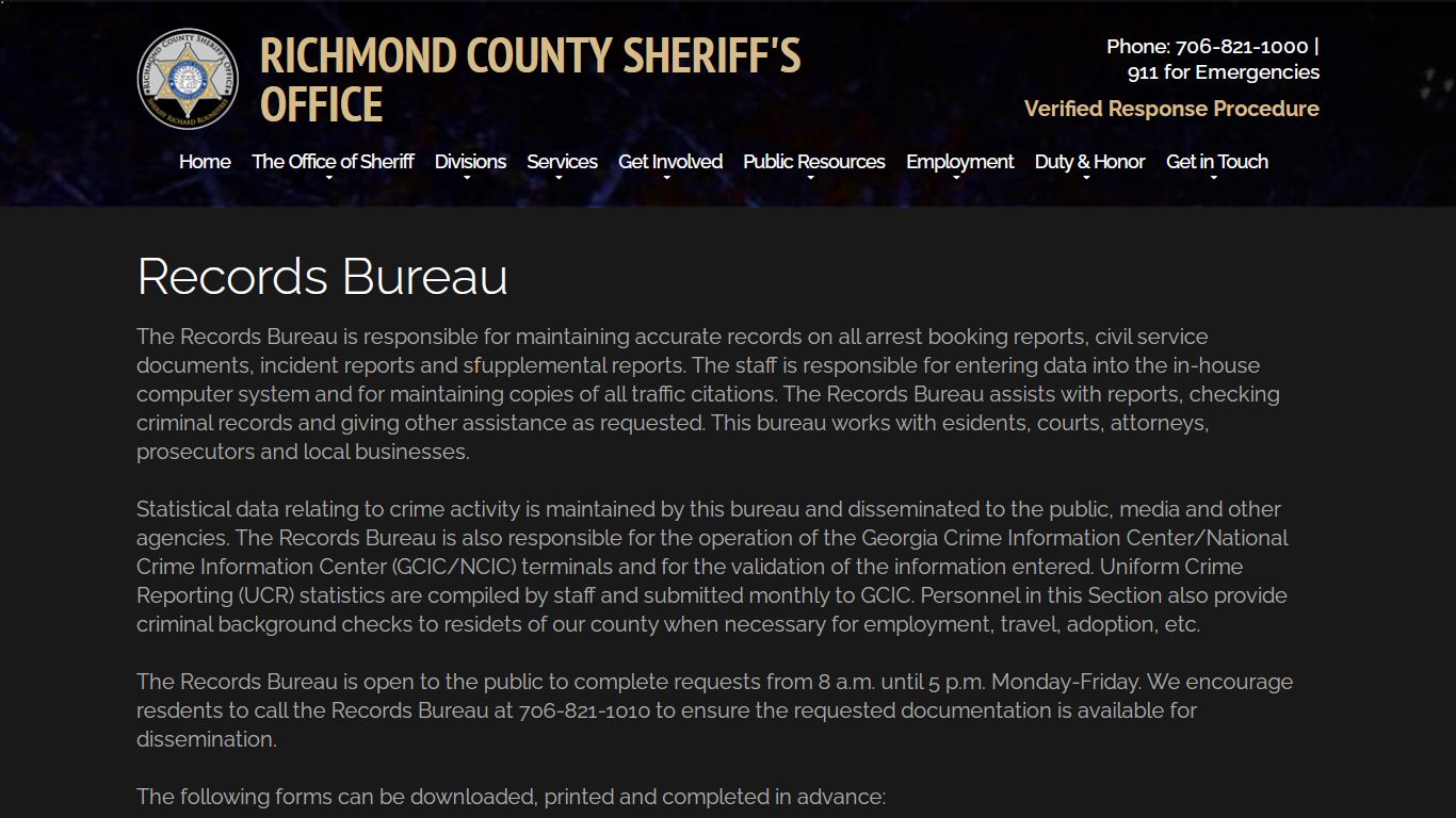 Records Bureau - Augusta Ga - Richmond County Sheriff's Office